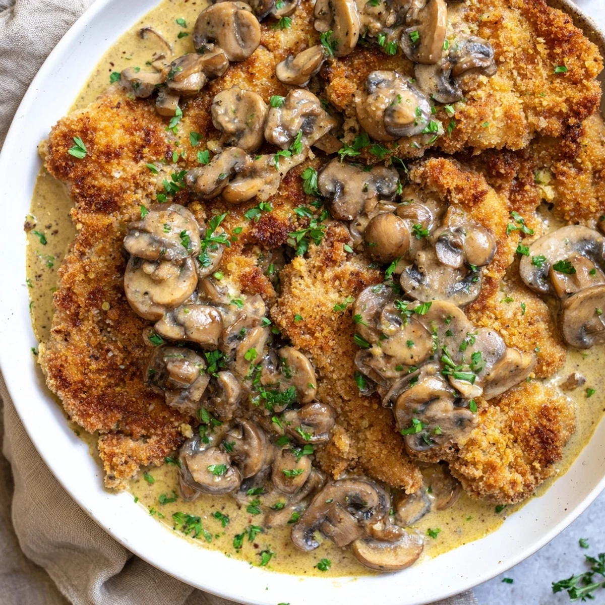 Golden-brown Hunters Schnitzel with creamy mushroom sauce and fresh parsley garnish.