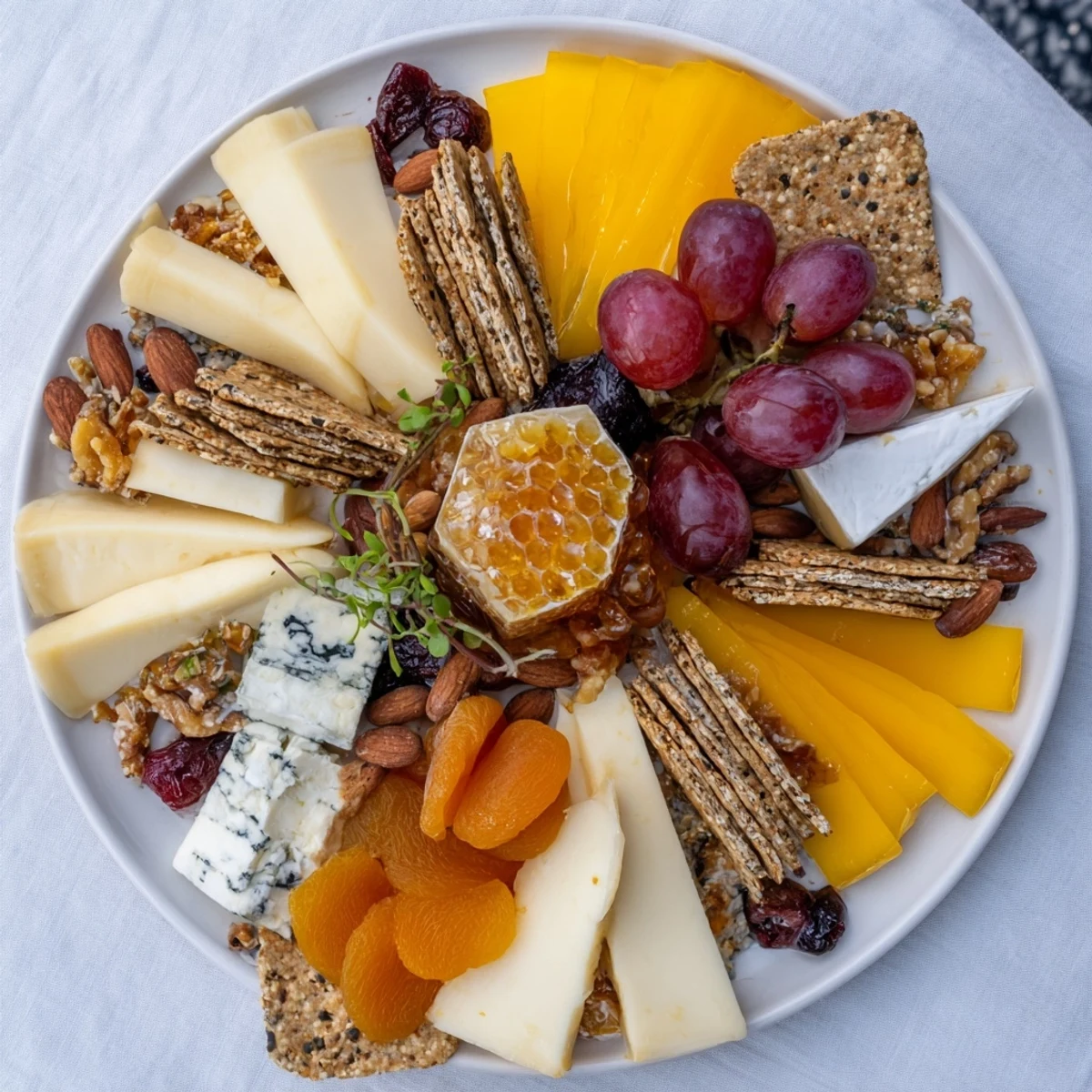 The Gilded Hive cheese and cracker board, a stunning hexagon cheese arrangement ready for enjoying.