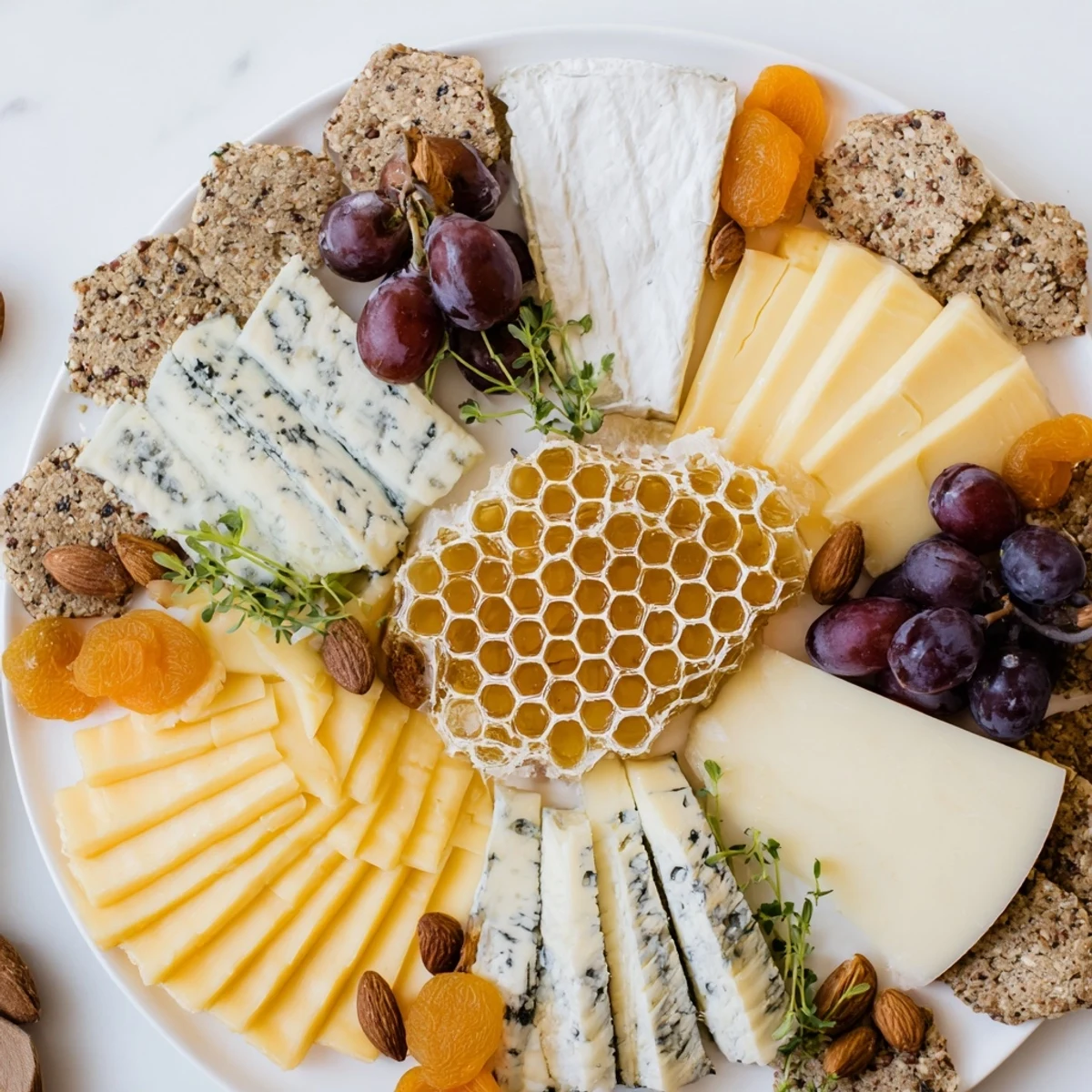 A beautiful The Gilded Hive cheese board design showcases hexagonal cheeses radiating from a honeycomb.