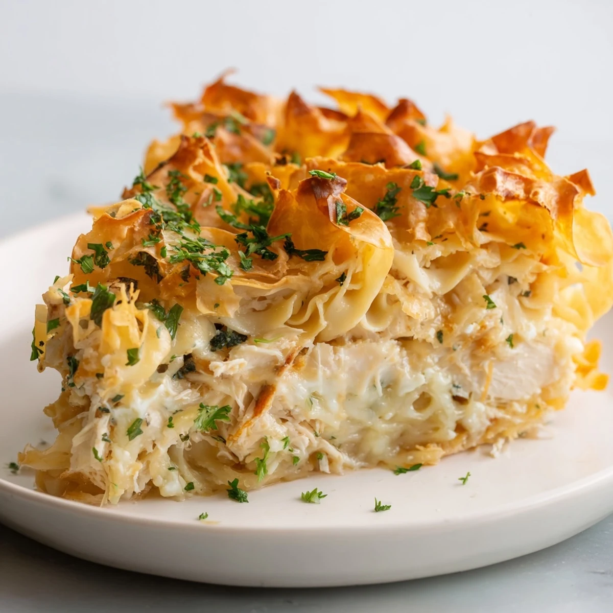 A close-up view of a freshly baked Chicken and Pasta Crinkle Cake, layered with golden, crispy phyllo.