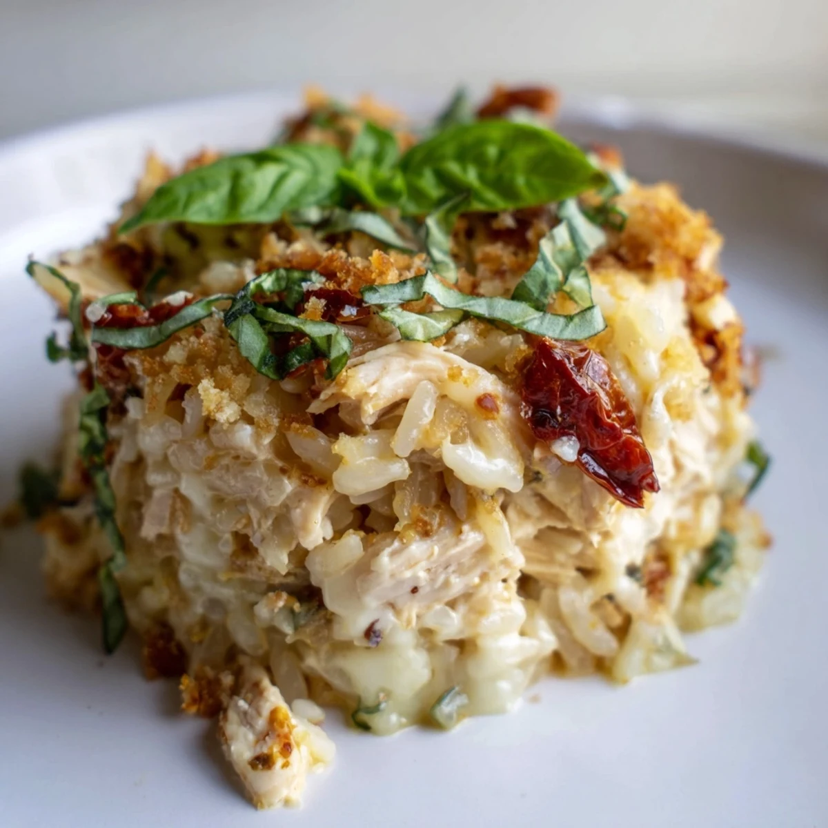 Creamy, golden-brown Marry Me Chicken Sushi Bake Cups, ready to serve with fragrant herbs.