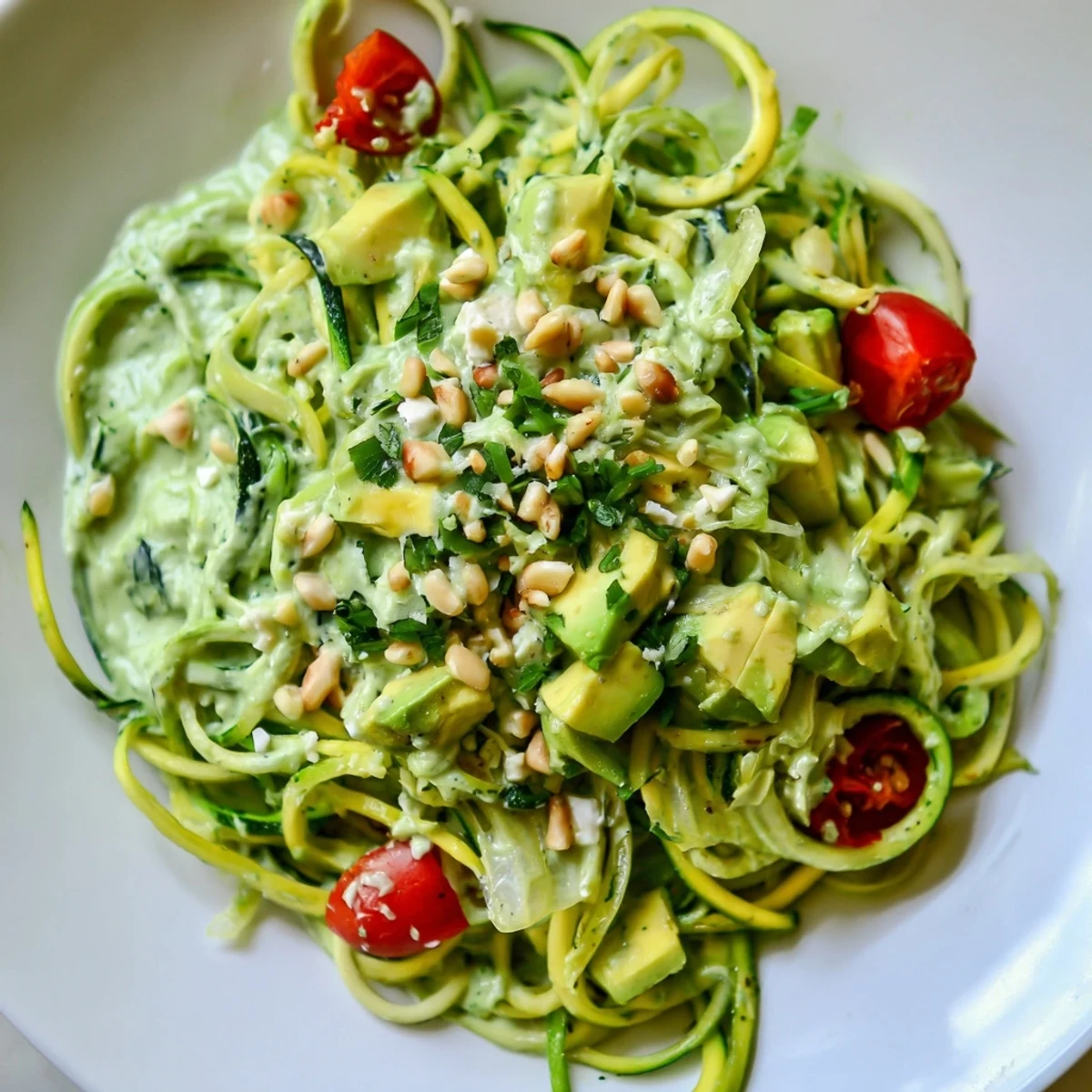 Fresh Green Goddess Zoodle Pasta, beautifully plated with tomatoes, a light and satisfying vegetarian meal.