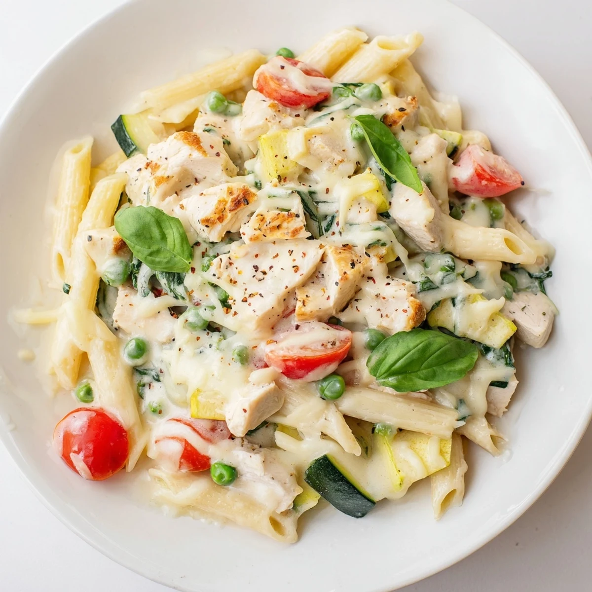 A creamy photo of The Last Bite Chicken Pasta, featuring fresh basil and melted mozzarella.