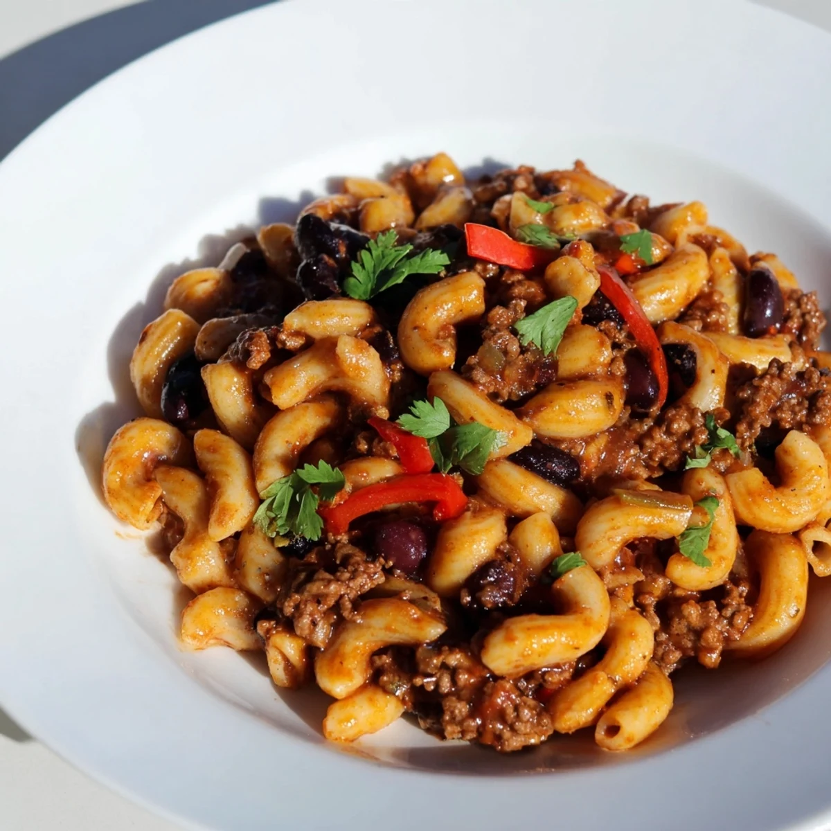 A steaming bowl of one-pot ditalini with hot cocoa chili, a flavorful and hearty meal.