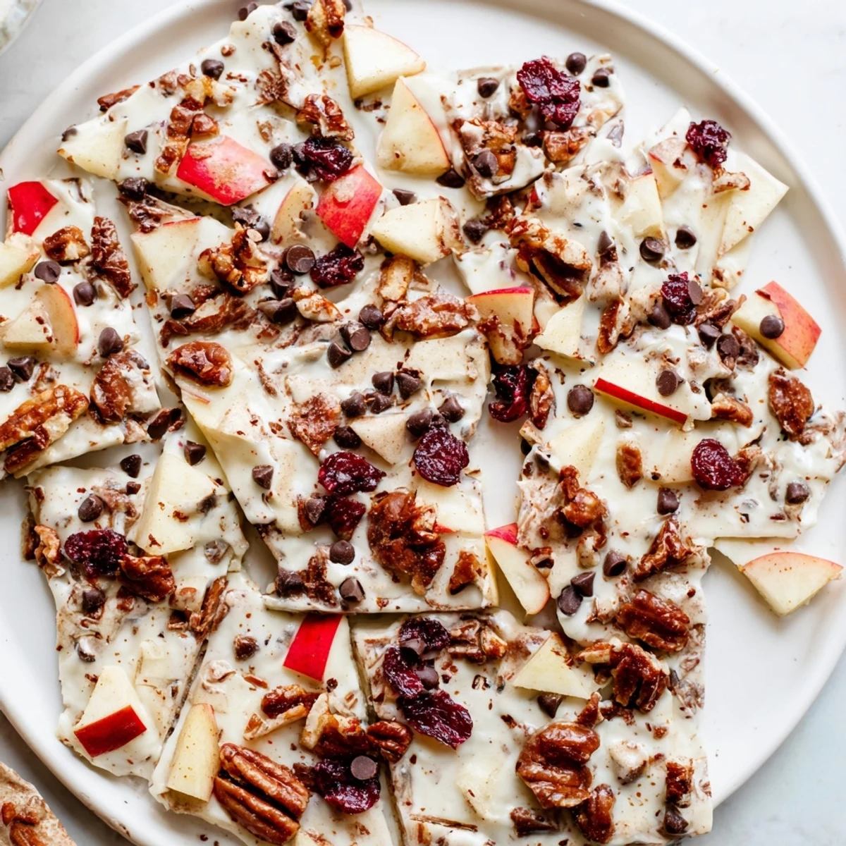 A close-up of delicious Apple Cinnamon Yogurt Bark pieces, layered with fruit and yogurt.