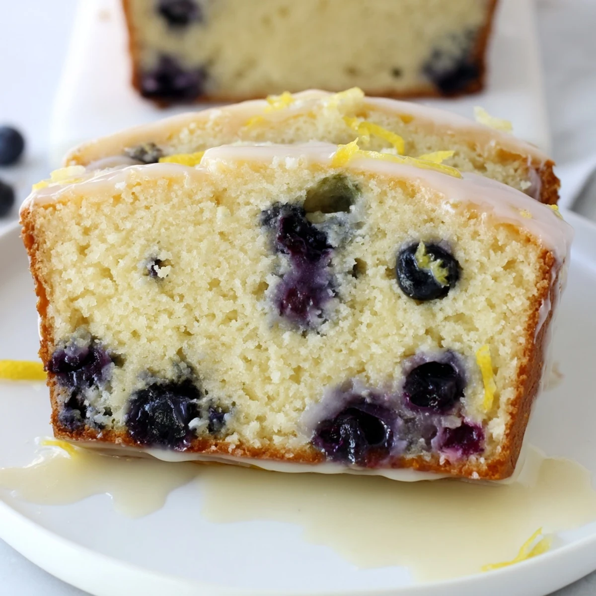 A slice of Lemon Blueberry Yogurt Loaf, showing its moist texture and juicy blueberries.