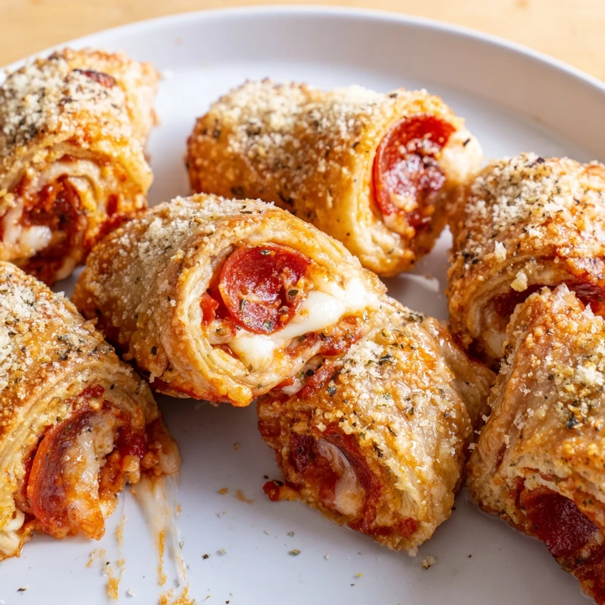 Golden brown Air Fryer Pizza Rolls, fresh from the air fryer, ready to be dipped.