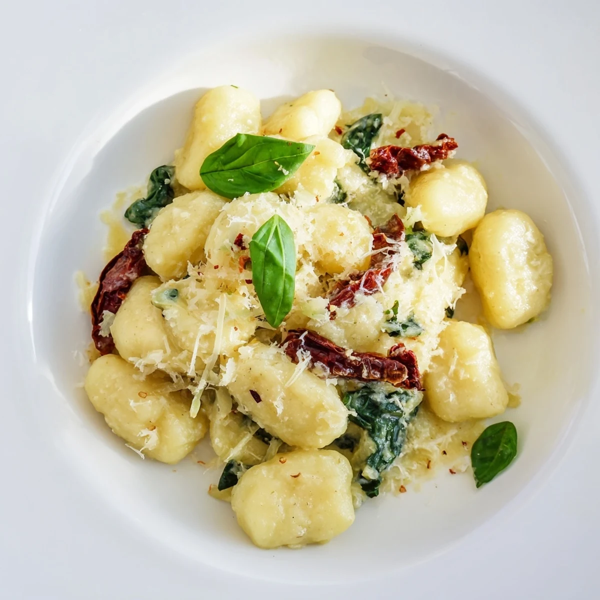 Creamy Tuscan Gnocchi swimming in a rich, creamy sauce with vibrant sun-dried tomatoes and spinach.