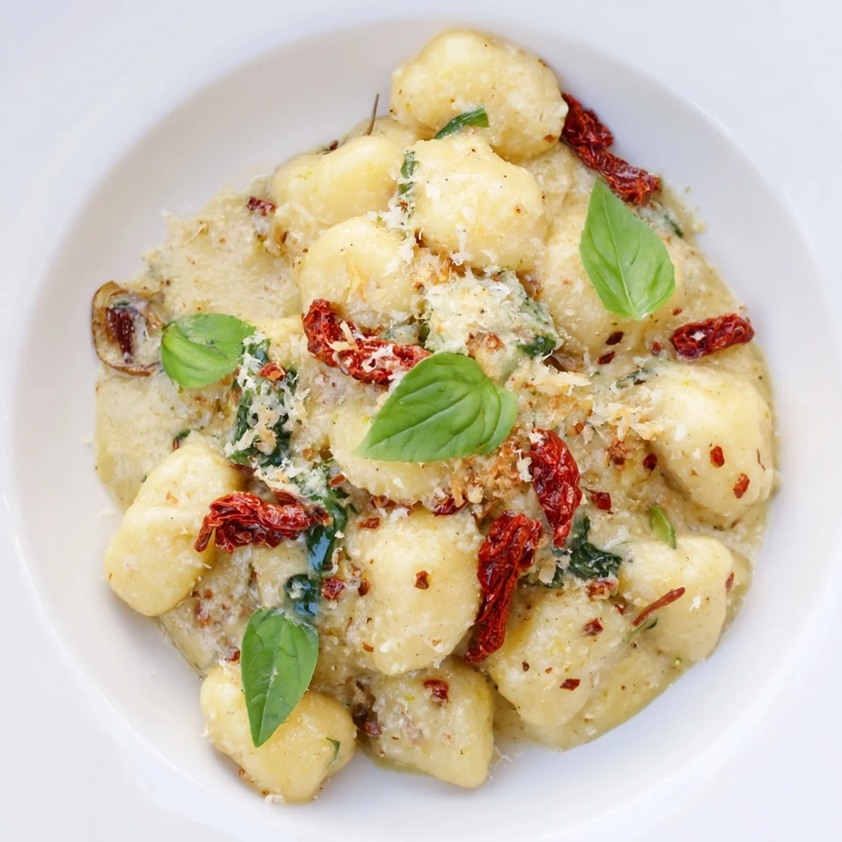 Warm skillet of Creamy Tuscan Gnocchi, a comforting Italian dinner with Parmesan garnish, ready to eat.