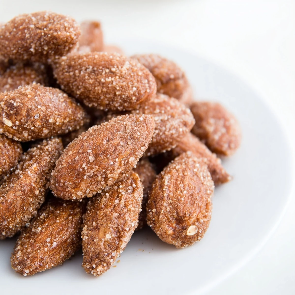 Close-up of freshly baked cinnamon roasted almonds, glistening with sugar and spice, a perfect snack.