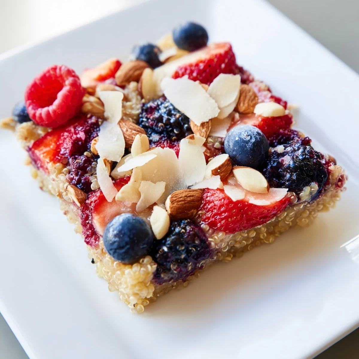 A hearty, freshly baked Berry Quinoa Breakfast Bake, brimming with fruit and cinnamon-infused quinoa.