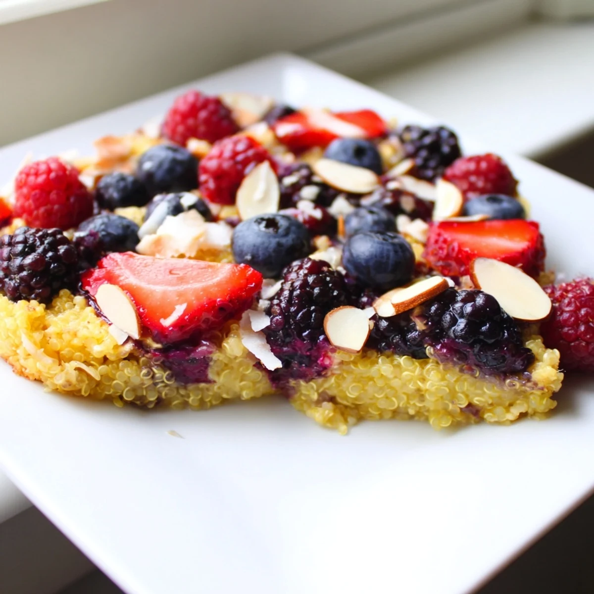 Enjoy a close-up of this delicious Berry Quinoa Breakfast Bake, perfect for a healthy American breakfast.