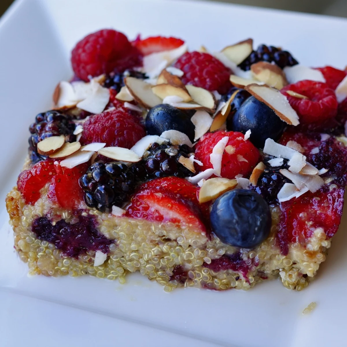 Warm, golden-brown Berry Quinoa Breakfast Bake with vibrant, juicy berries, ready to serve with a spoon.