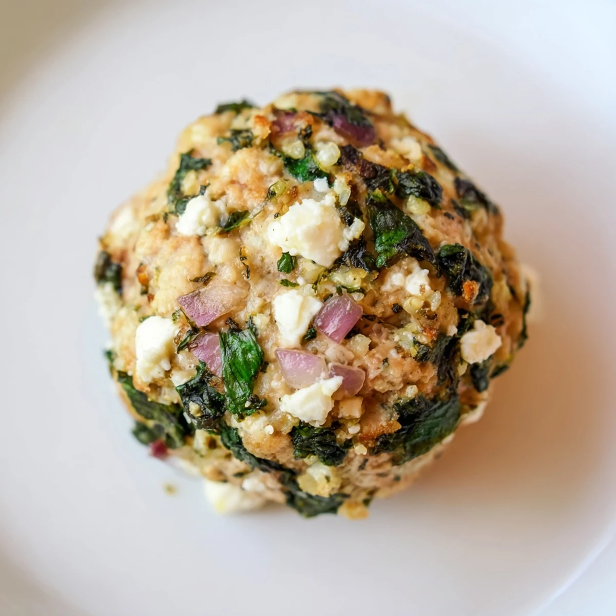 Close-up of baked spinach feta turkey meatballs, showcasing crumbled feta and vibrant green spinach for dinner.