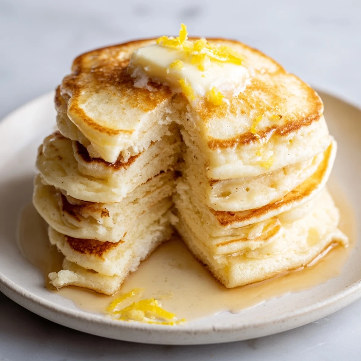 Fluffy Lemon Ricotta Pancakes golden-brown on a plate, ready to be drizzled with maple syrup.