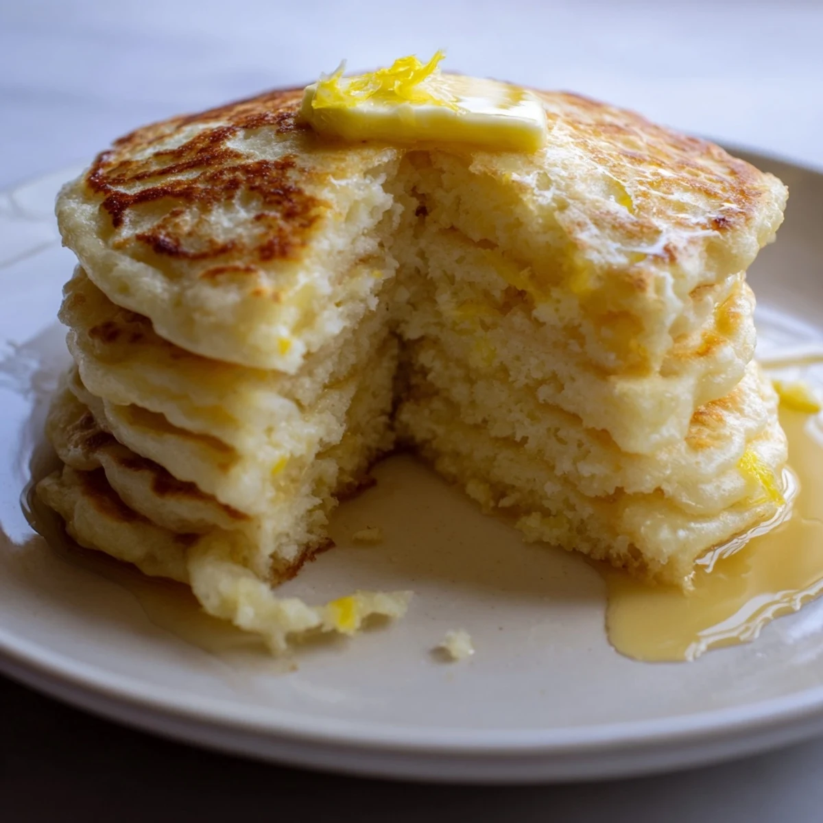 Close-up of golden Lemon Ricotta Pancakes, with a dusting of powdered sugar, and a hint of lemon.