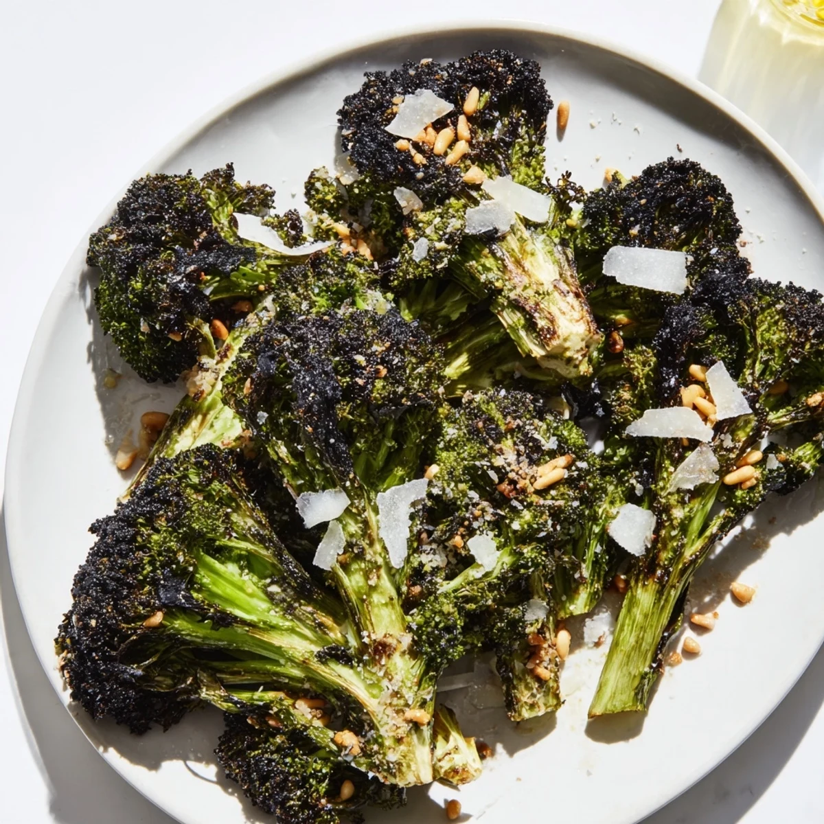 A close-up of delicious Charred Broccoli Salad, showing smoky broccoli and toasted nuts ready to enjoy.