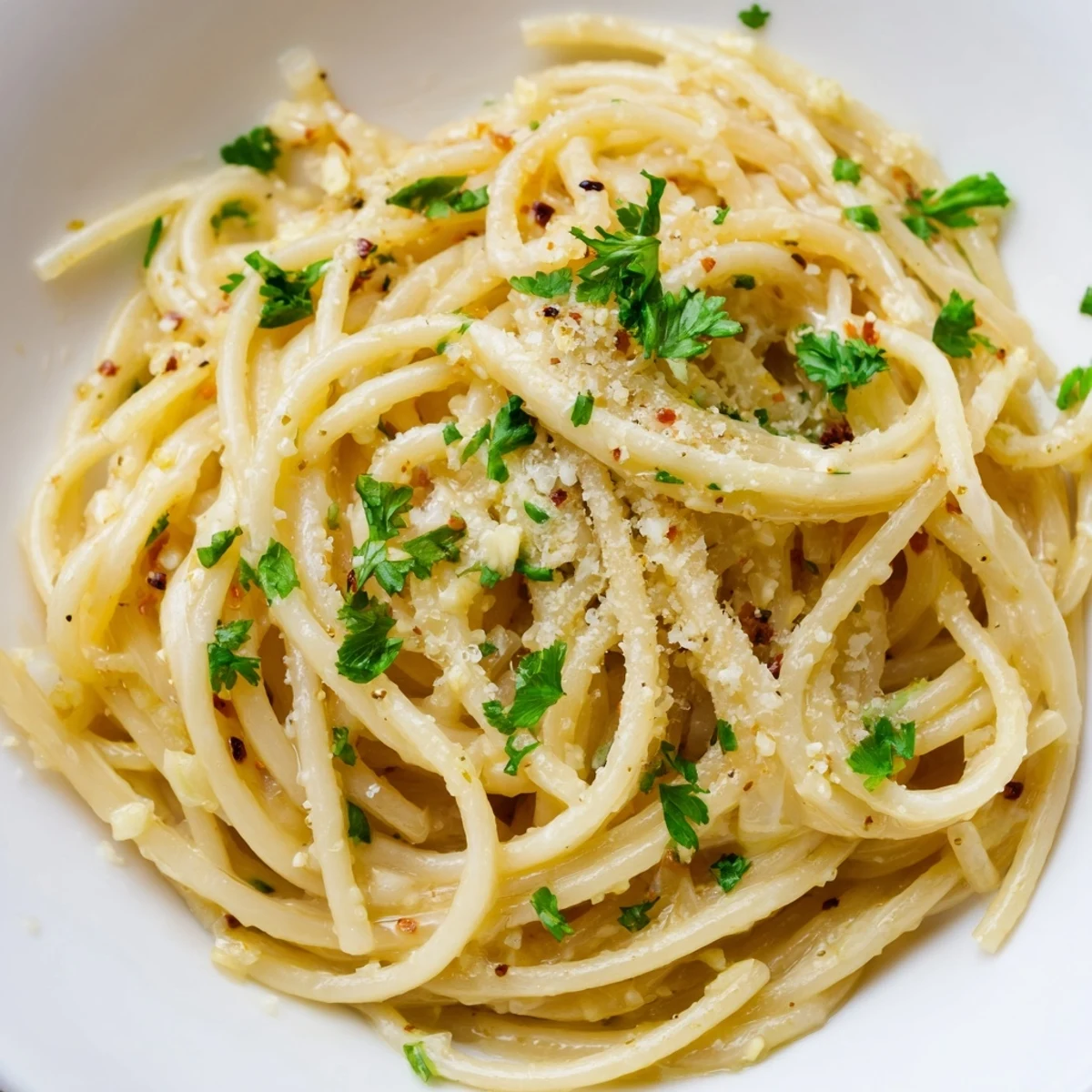 Golden Garlic Butter Linguine, glistening with parsley, ready for a delicious Italian dinner.