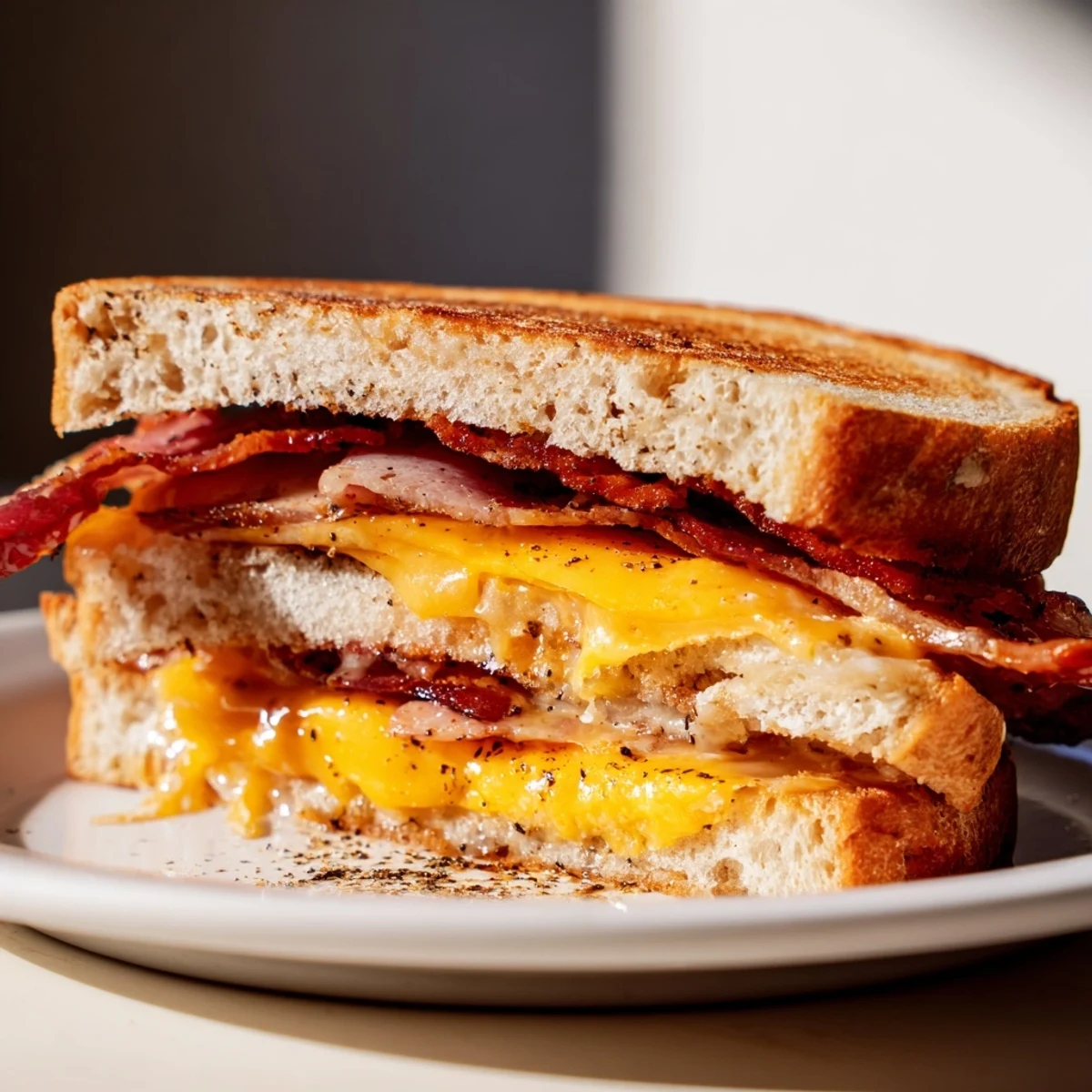 Close-up of a perfectly cooked Crispy Bacon Cheddar Grilled Cheese, featuring the creamy cheddar and smoky bacon within.