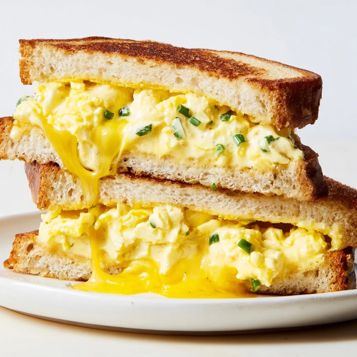 Golden, melty Egg Salad Grilled Cheese sandwich, a satisfying lunch with warm, toasted bread and cheese.