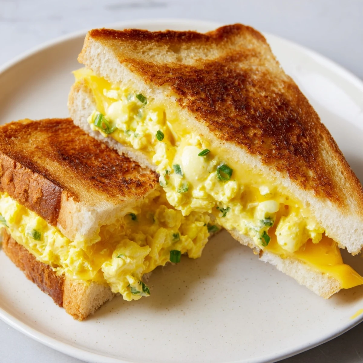 Freshly grilled Egg Salad Grilled Cheese: a close-up of the delicious, cheesy, golden-brown sandwich.