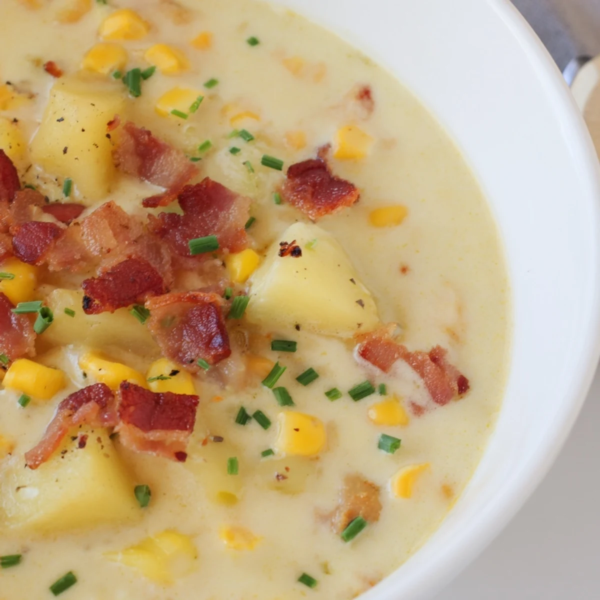 Creamy corn chowder soup is brimming with sweet corn, bacon crumbles, and tender potatoes.