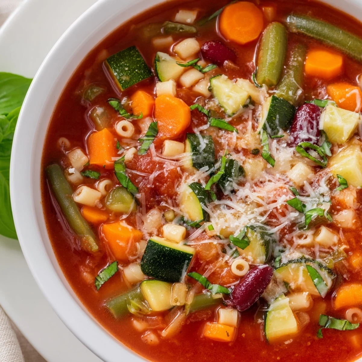 Warm bowl of Tomato Basil Minestrone, filled with vegetables and pasta.