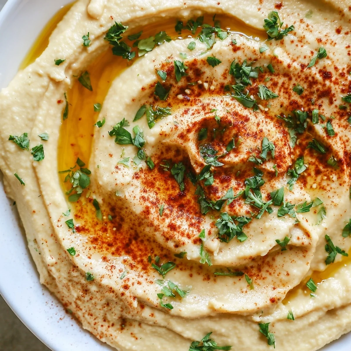 Cremiger Levantine Hummus Teller mit Olivenöl, Paprika und frischer Petersilie, servierfertig.