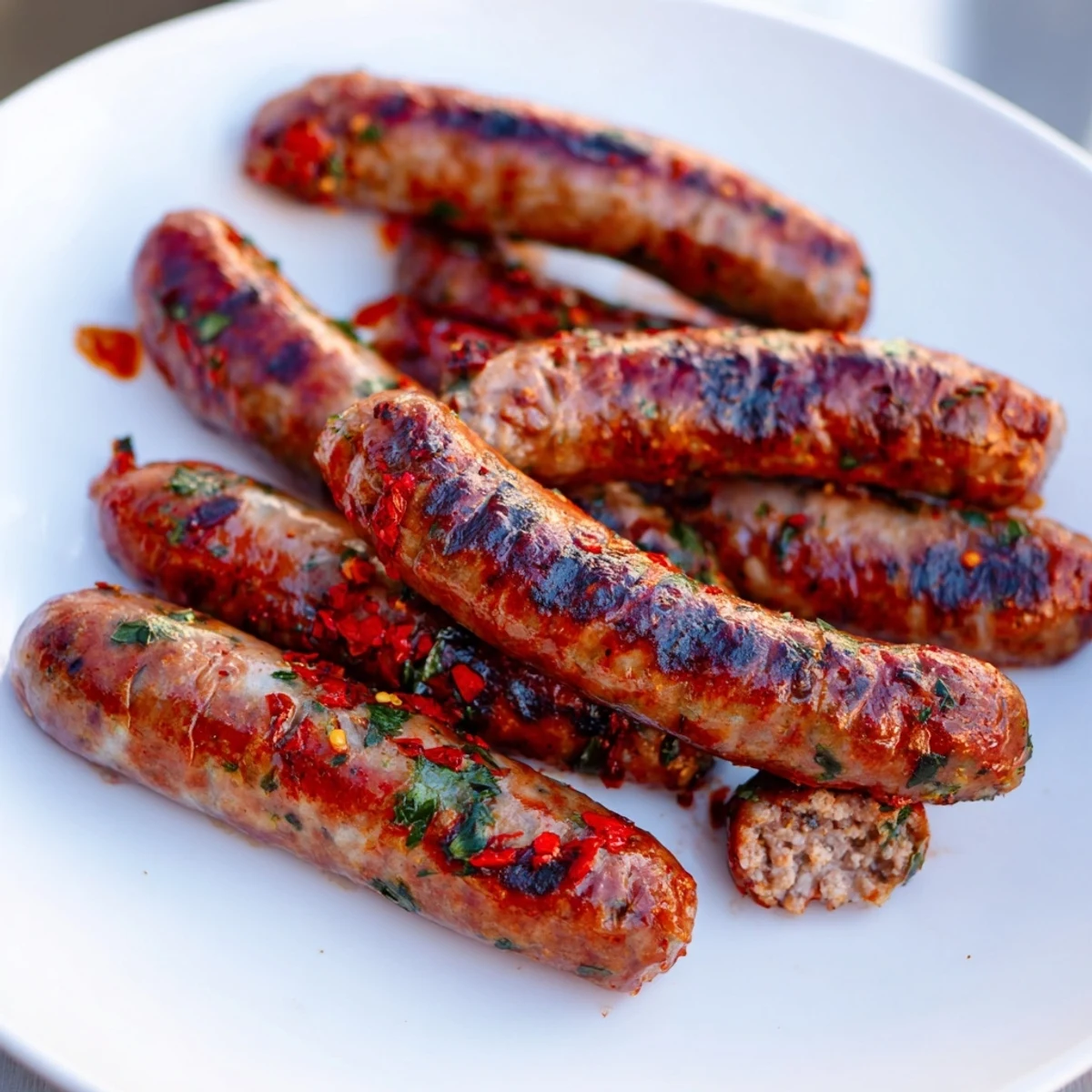 Sizzling Tunisian merguez sausage cooking on a grill, promising a flavorful North African meal.