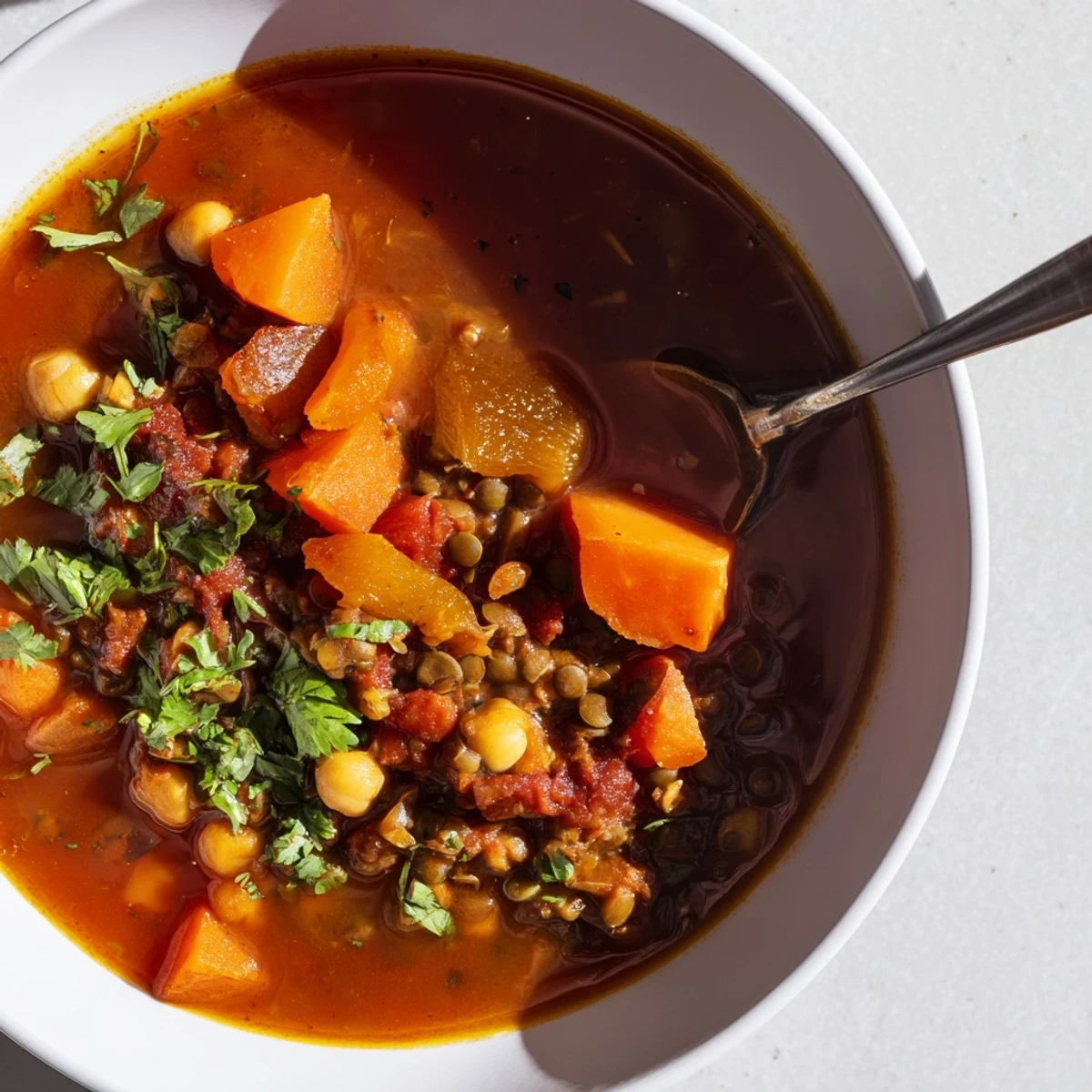 This comforting North African Harira Soup showcases a rich, spiced broth brimming with lentils and chickpeas.