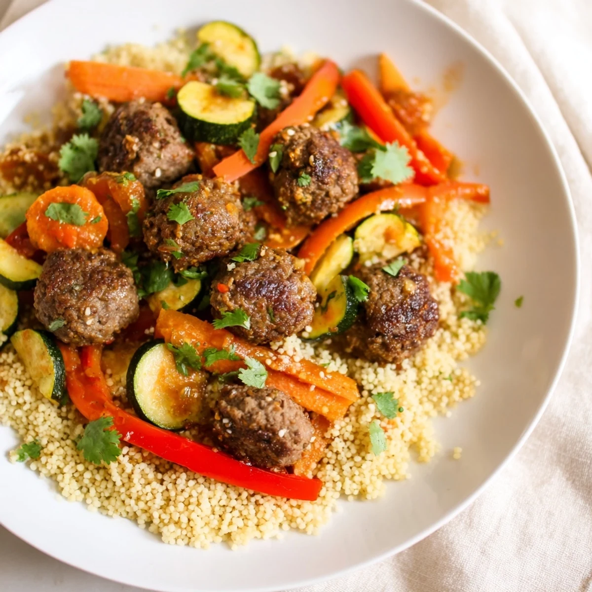 Fluffy couscous topped with vibrant North African Couscous Kefta and flavorful vegetables, ready to enjoy.