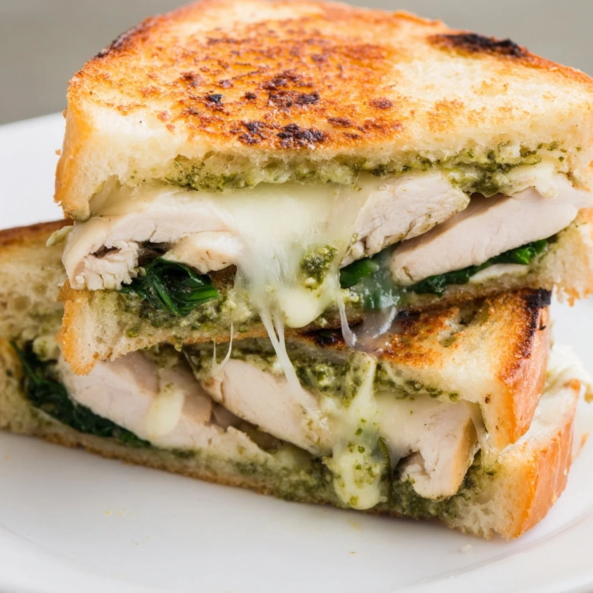 Ein würziger Chicken Pesto Panini auf geschnittenem Ciabatta, mit geröstetem Hähnchen, frischer Basilikum-Pesto und geschmolzenem Mozzarella.