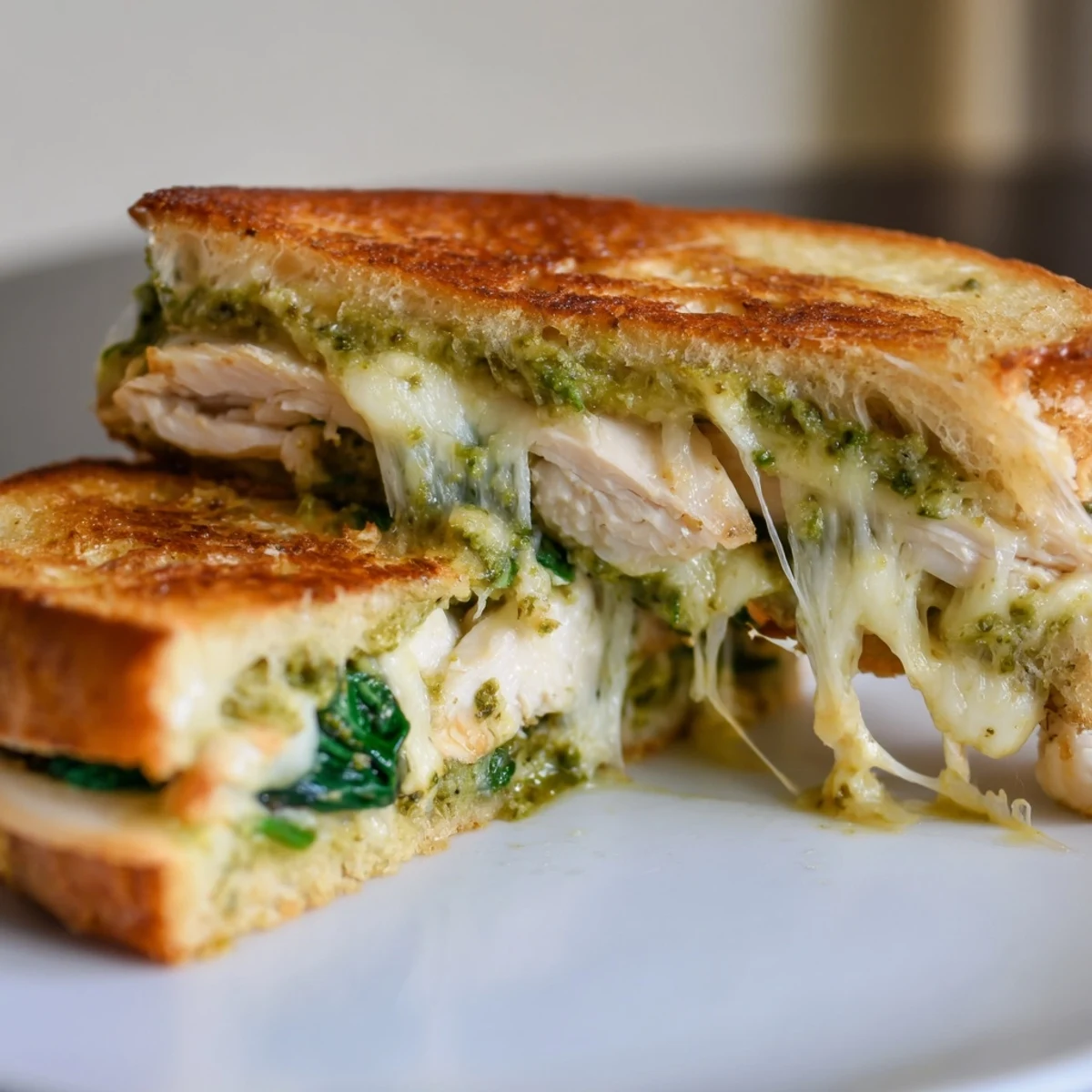 Ein knuspriger Chicken Pesto Panini wird warm serviert, goldbraun gebacken und mit einer Glasur aus Balsamico beträufelt, perfekt für ein Mittagessen.