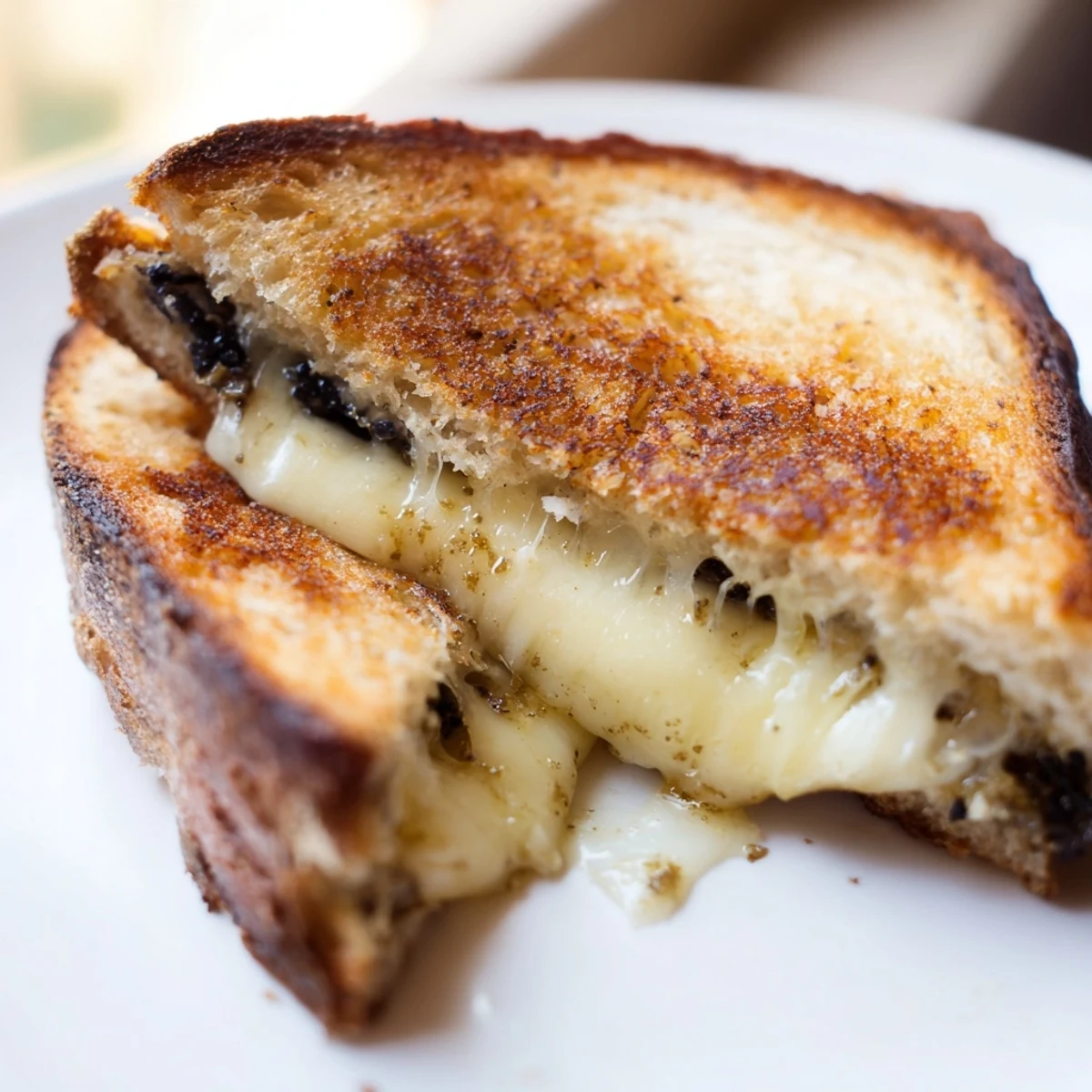 Goldener Truffle Grilled Cheese mit geschmolzenem Gruyère in knusprigem Sauerteigbrot.  