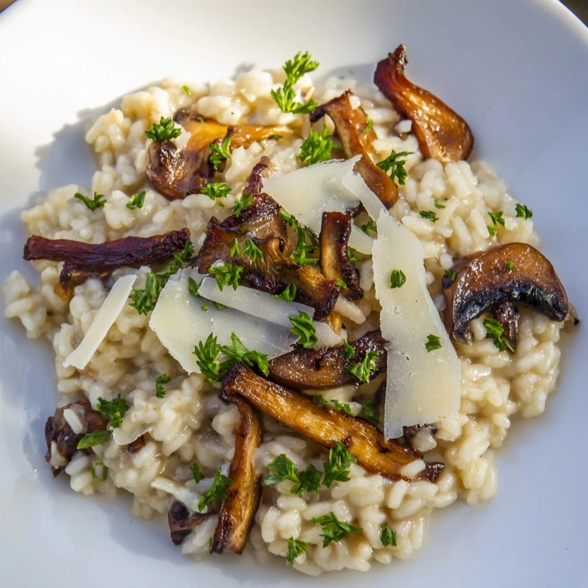 Ein Topf dampfender Roasted Mushroom Risotto mit cremigem Arborio-Reis, gerösteten Pilzen und frischem Parmesan auf dem Tisch.