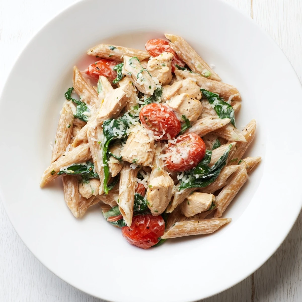 Dieses Bild zeigt eine leckere Greek Yogurt Chicken Pasta, die mit cremiger Soße und goldenem Hähnchen garniert ist.