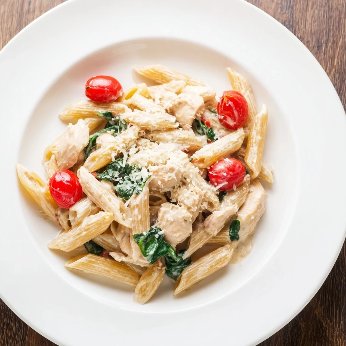 Hier siehst du die Greek Yogurt Chicken Pasta mit saftigem Hähnchen, Penne und frischen Spinatblättern auf dem Teller.