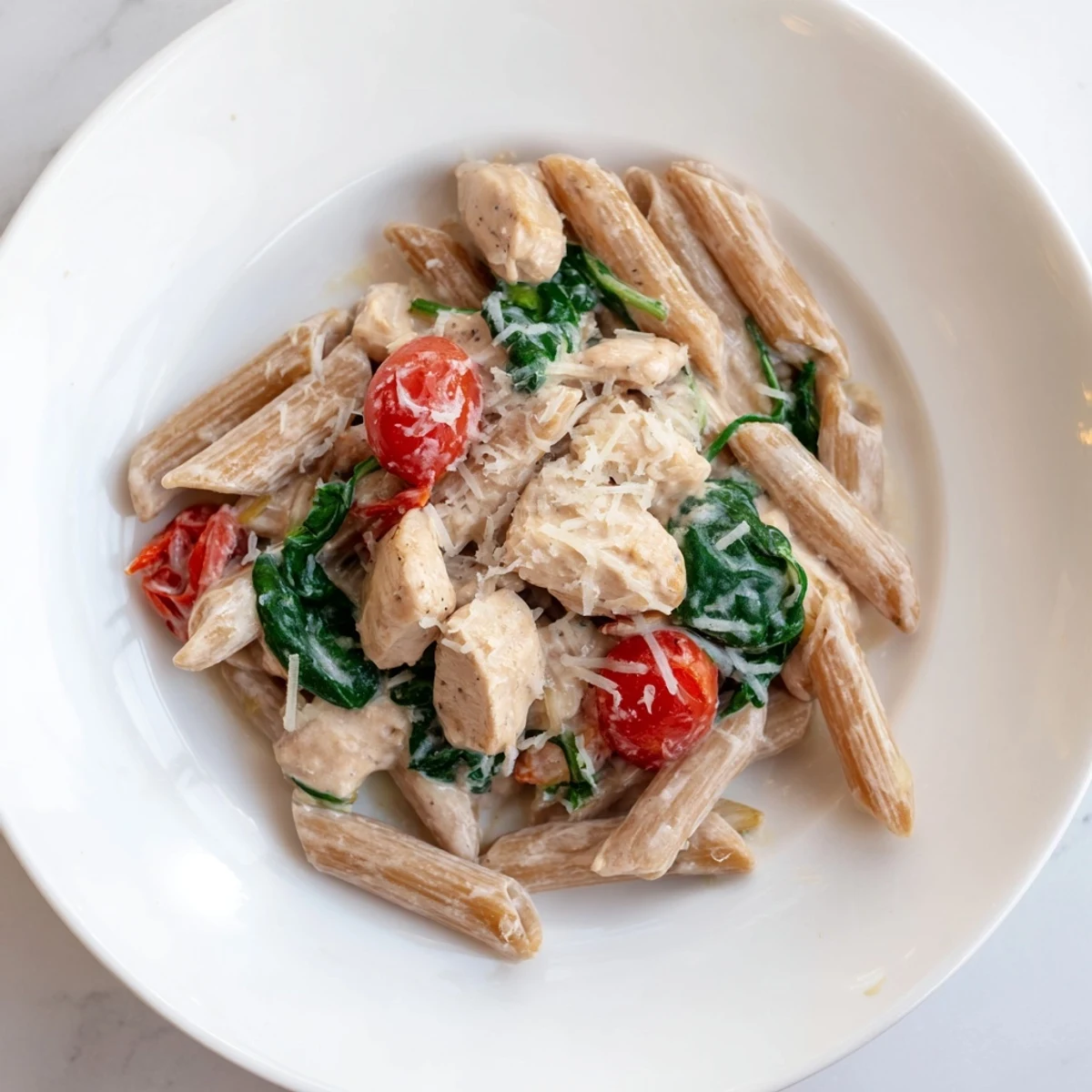 Ein rustikaler Anrichten des griechischen Joghurt Hähnchen Nudelgerichts, serviert mit einer cremigen Zitronen-Soße und Parmesan.