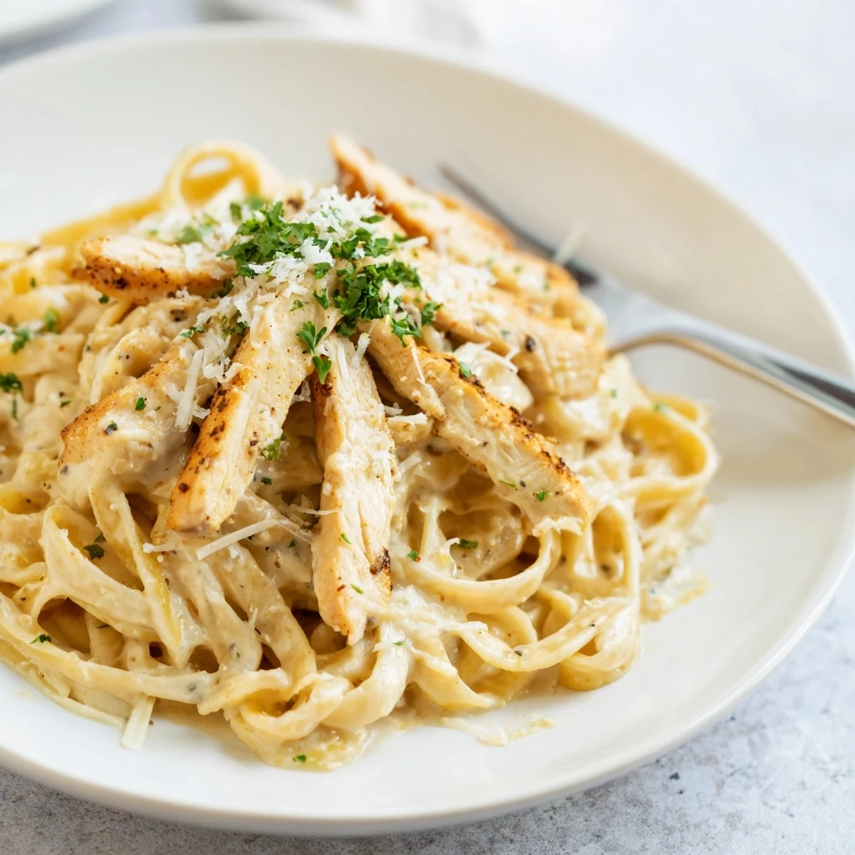 Köstliche Cajun Chicken Alfredo aus scharfem Hähnchen und glatter Alfredo-Soße mit Fettuccine