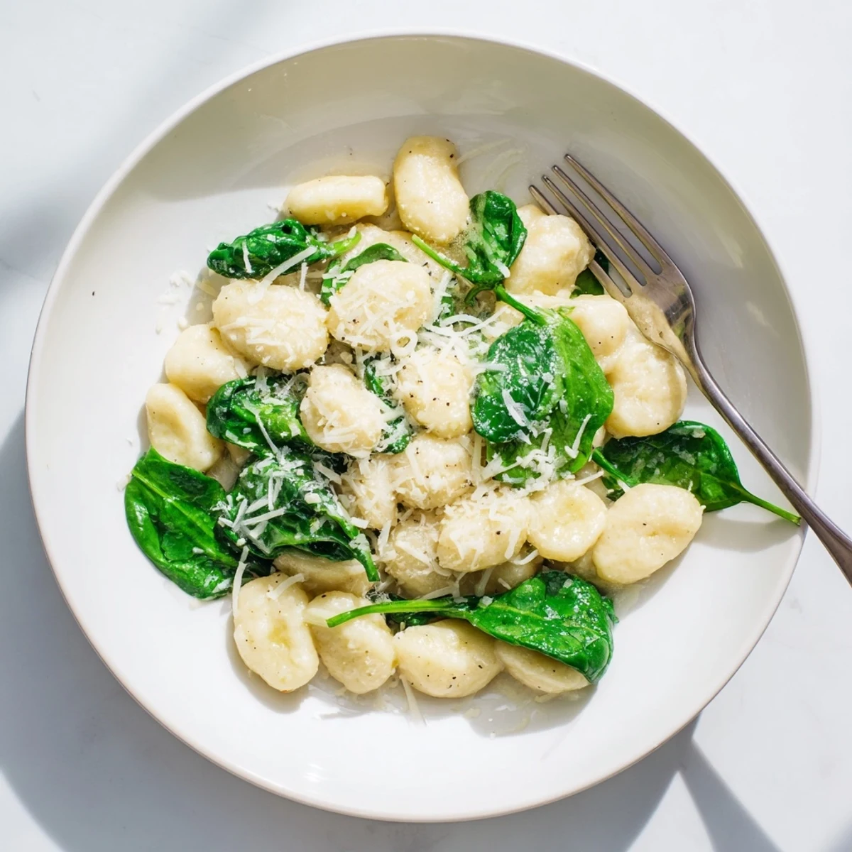 Creamy Garlic Gnocchi sits in a rich, velvety garlic cream sauce, adorned with wilted spinach and freshly grated Parmesan in a rustic skillet.