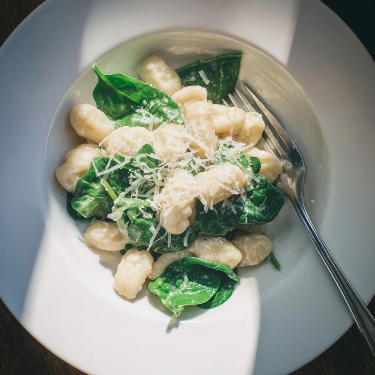 Golden garlic cream sauce clings to tender gnocchi, with wilted spinach and a garnish of Parmesan cheese for a comforting, restaurant-quality vegetarian main dish.