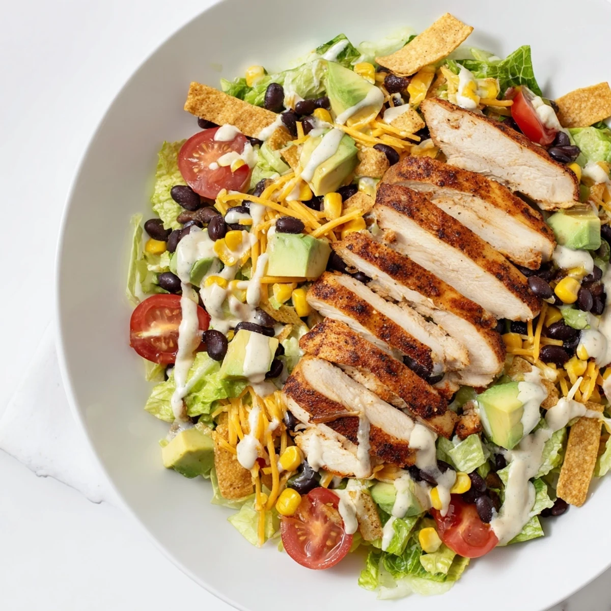 Saftiges Crunchy Taco Chicken Salad mit bunten Bohnen, Mais, Avocado und einer würzigen Anrichtung.  