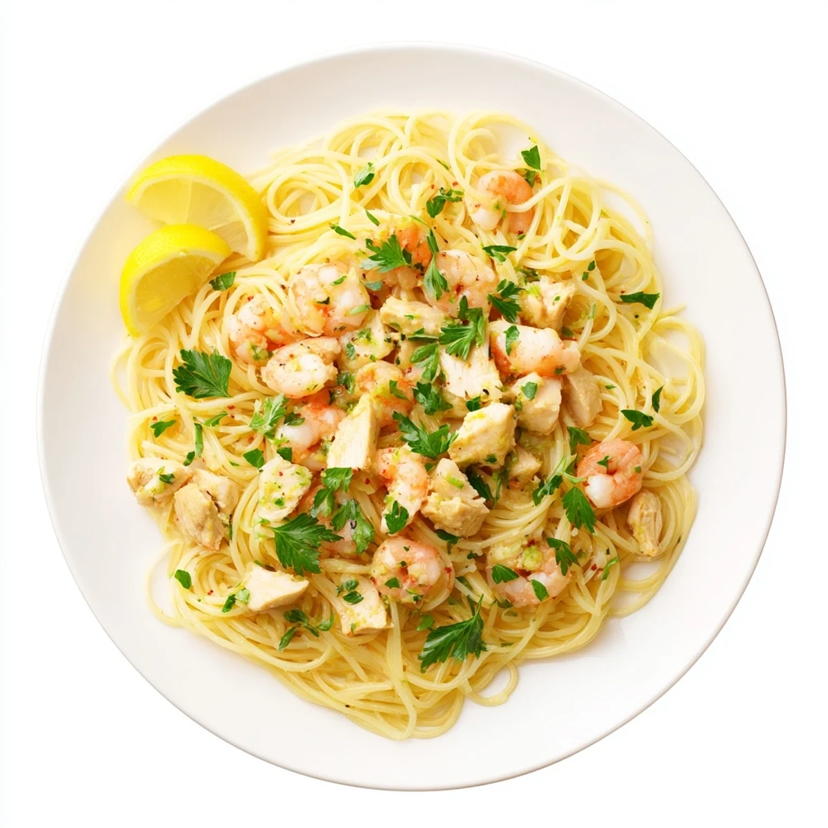 Frisch zubereitete Lemon Garlic Shrimp & Chicken Pasta, garniert mit Petersilie und Zitronenscheiben auf weißem Teller.