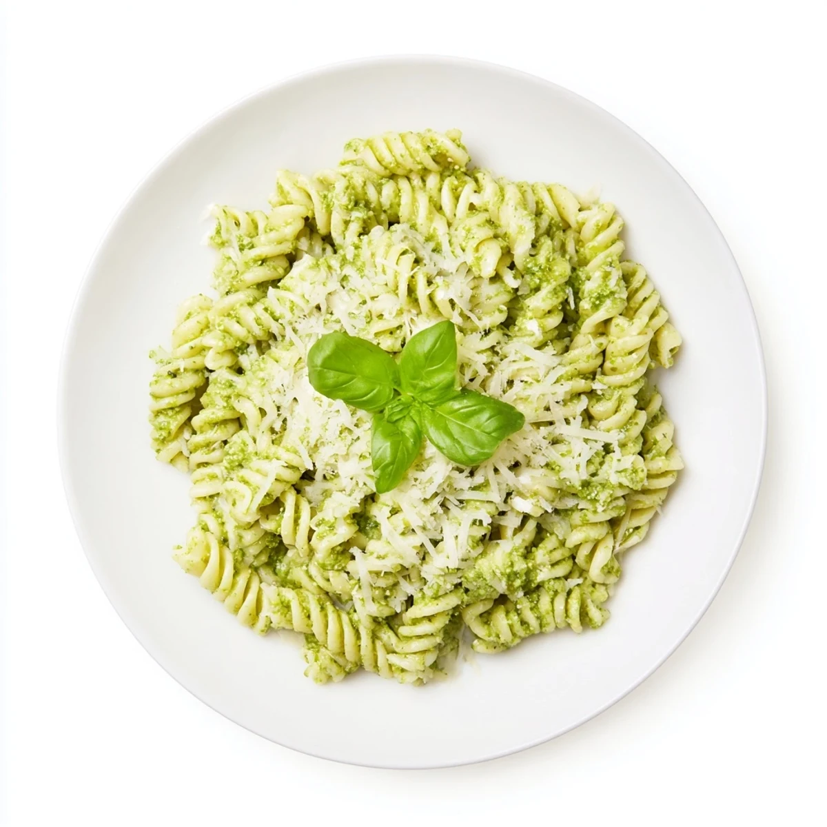 Ein Teller cremiges Creamy Sunflower Seed Pesto Pasta mit frischen Basilikumblättern und gerösteten Sonnenblumenkernen garniert.  