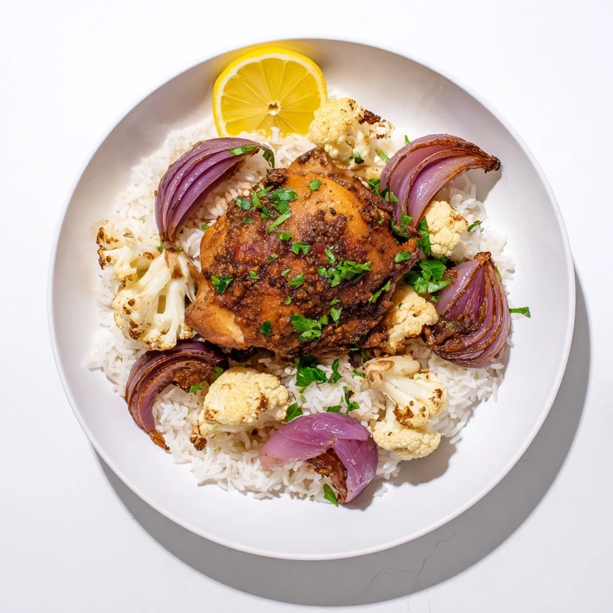 Goldbrauner Hähnchen-Blumenkohl-Eintopf, auf fluffyem Reis serviert, mit knusprigen Karamellfarben und frischem Koriander garniert.