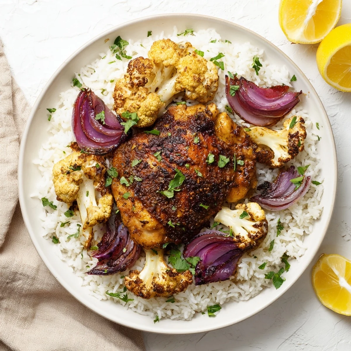 Geröstete Hähnchenkeule mit Blumenkohlröschen auf Backblech, würzig nach Rauchpaprika, Zitronenfrische und gedünstetem Basmatireis.