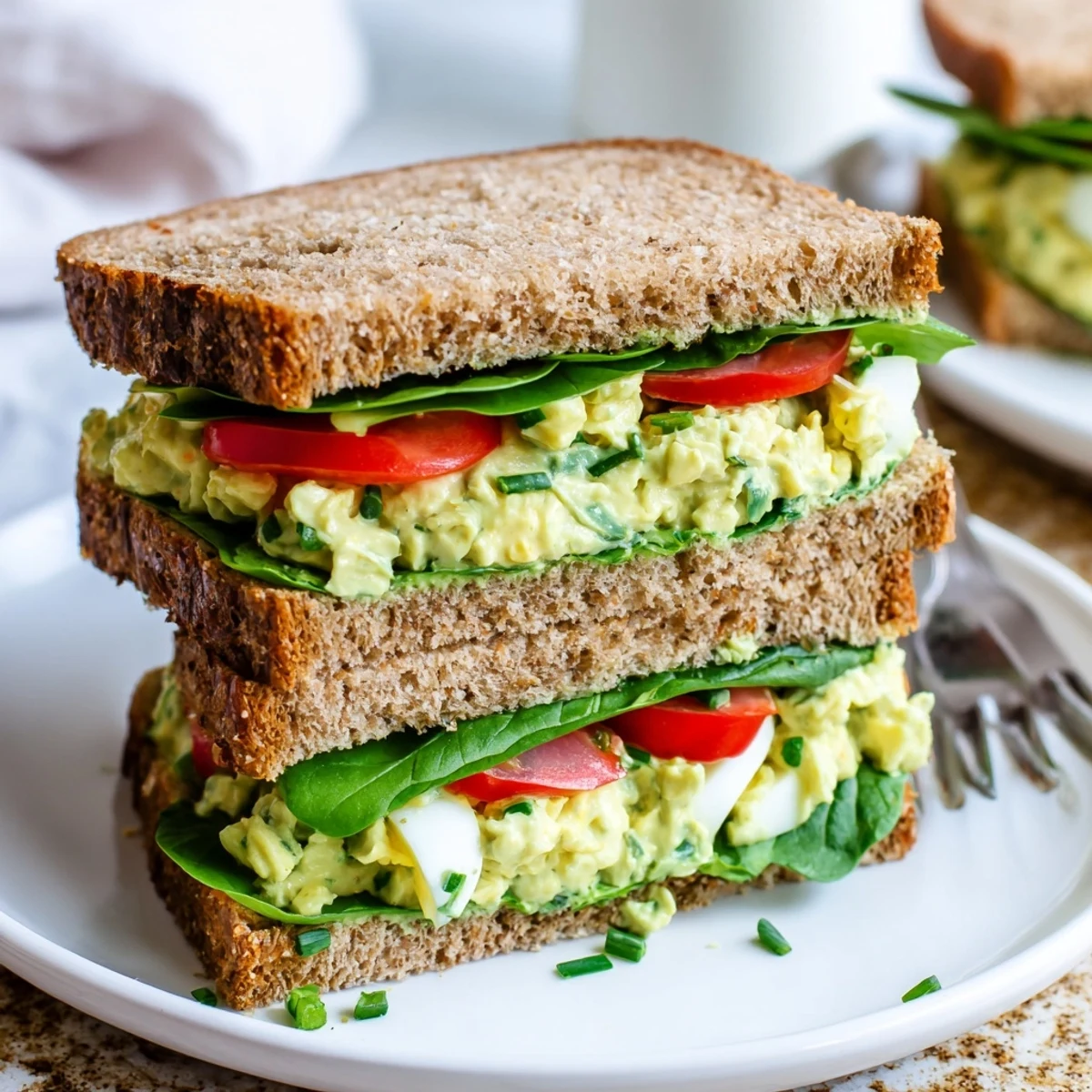 A handheld view of the Avocado Egg Salad Sandwich, showcasing its chunky texture, vibrant greens, and hearty whole-grain bread.