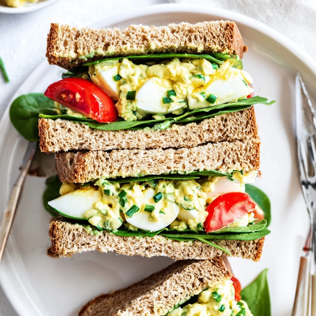 A fresh Avocado Egg Salad Sandwich plated with crisp lettuce and juicy tomato, offering a healthy, protein-packed lunch option.