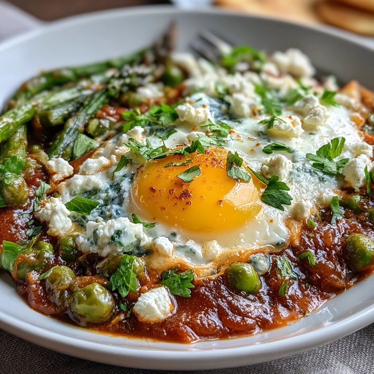 Pea and Broad Bean Shakshuka im Frühlingsstil mit grünen Bohnen, Erbsen und Spargel, belegt mit Feta und Kräutern.