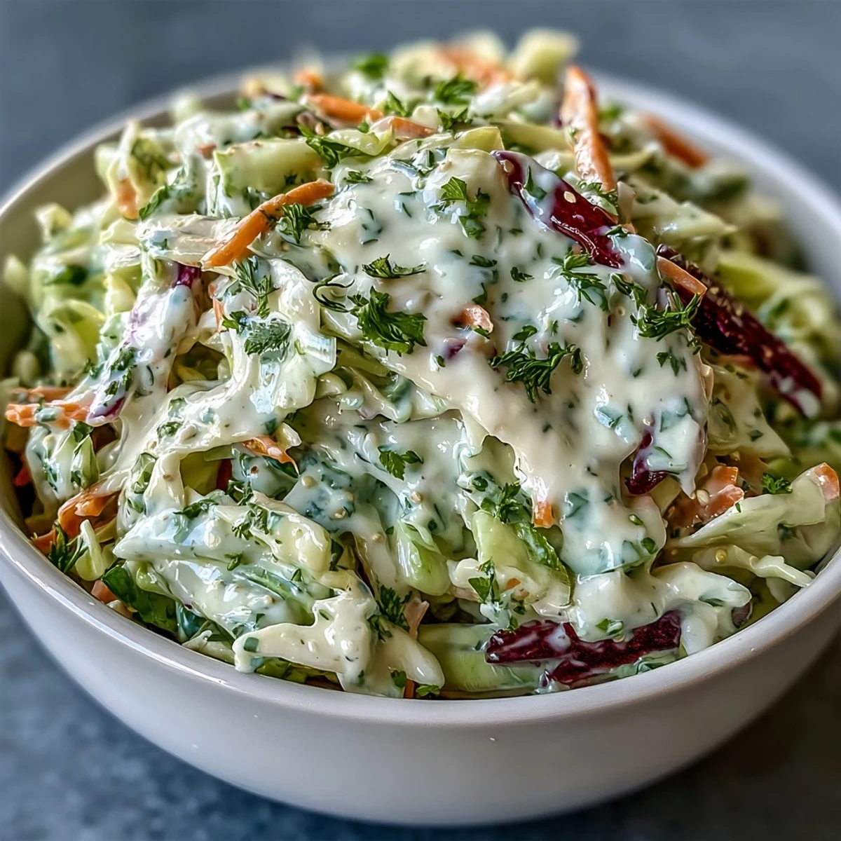 Frisch angerichtete Best Cabbage Coleslaw mit knackigem Weißkohl und bunten Karottenstreifen auf einem Teller.